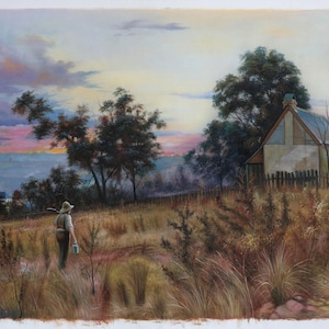 May include: An oil painting depicts a rural landscape at dusk. A figure walks through a field towards a house with a fence. The sky transitions from pink and purple to blue, with trees and a body of water in the distance.