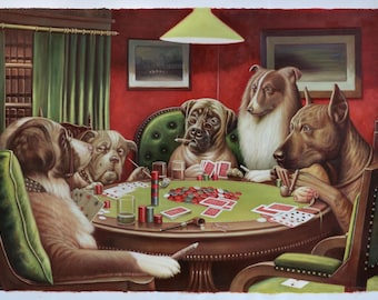 A Bold Bluff - Cassius Marcellus Coolidge handgemalte Ölgemälde Replik, Spielzimmer Wandkunst, 5 Hunde spielen Poker, Unterhaltung Dekor