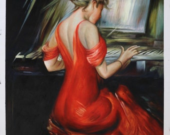 La mujer de rojo - Giovanni Boldini pintado a mano reproducción de pintura al óleo, chica de moda tocando el piano, maestro de la pieza Swish, decoración moderna