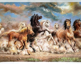 Ocho caballos galopando a través de la vasta llanura - pintura al óleo pintada a mano, sala de estar arte de pared grande, decoraciones de oficina, caballos salvajes corriendo