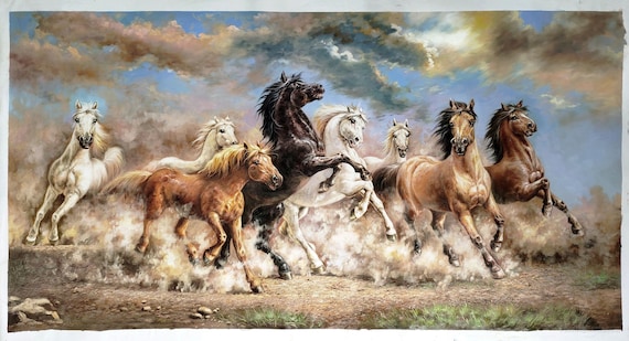広大な平原を駆け抜ける8頭の馬 - 手描きの油絵、リビングルーム