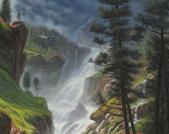 Rocky Mountain Waterfall - Albert Bierstadt Hand-painted Oil