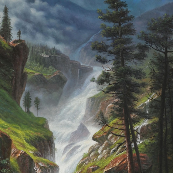 Rocky Mountain Waterfall - Albert Bierstadt Hand-painted Oil