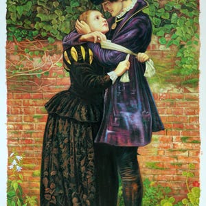 May include: A painting of a couple embracing in a garden setting. The man wears a purple coat and black hat, while the woman is in a black dress. A brick wall and green foliage form the background.