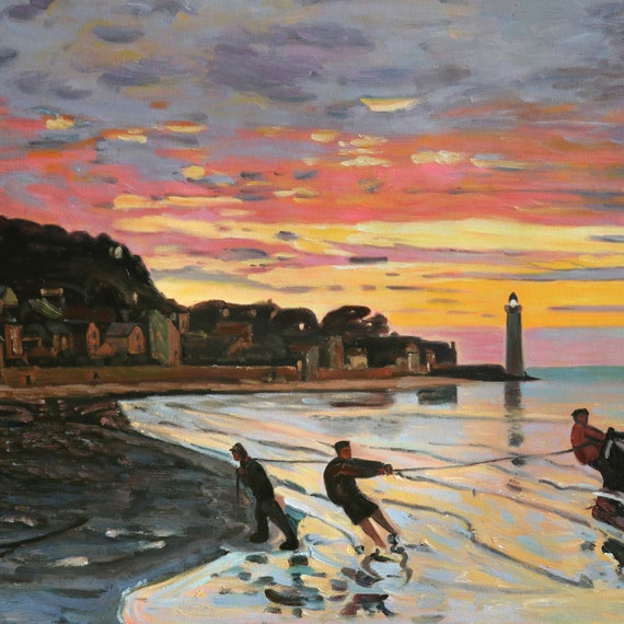 オンフルールの船を陸に引き上げる - クロード・モネの手描きの油絵の