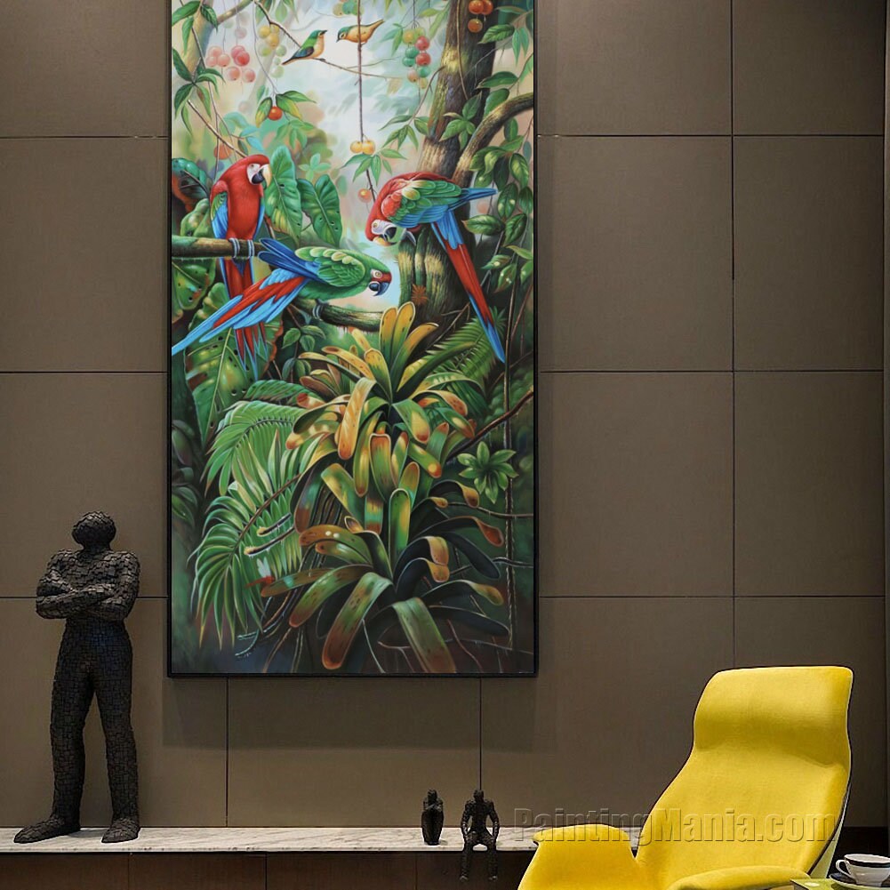 ジャングルの沼地の果樹の中の美しい野生のオウム - 高品質の手描きの