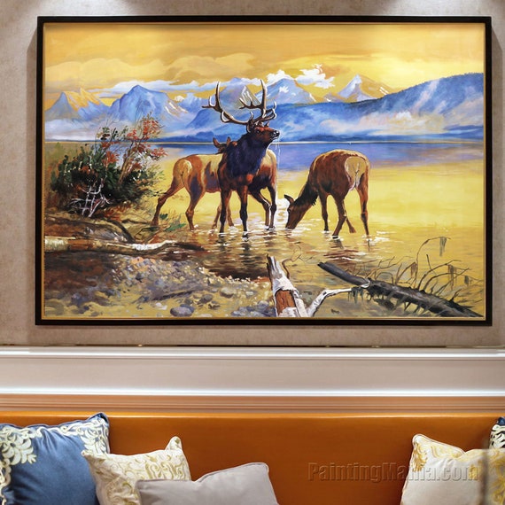 Elk in Lake Mcdonald - Charles Russell Hand-painted Oil Painting