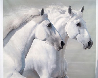 Two White Horses - high quality hand-painted oil painting,living room large modern wall art,sturdy steed portrait,vibrant animal art decor