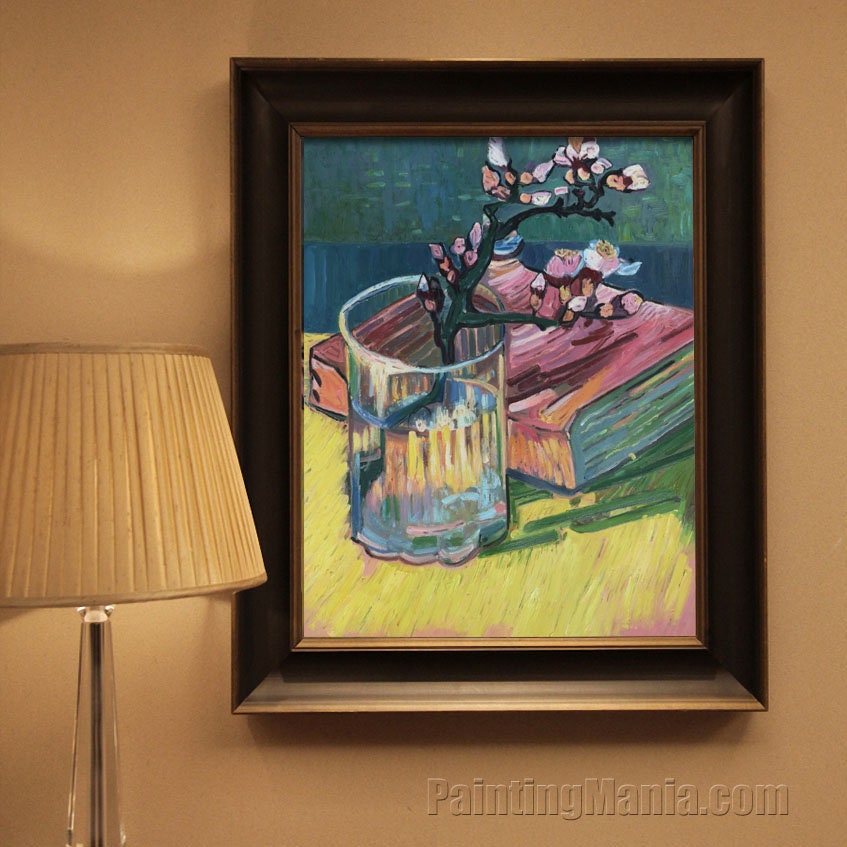 グラスに咲くアーモンドの枝と本 - フィンセント・ファン・ゴッホの