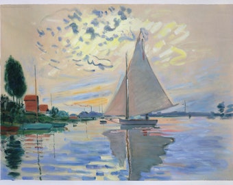 Sailboat at Le Petit-Gennevilliers - Claude Monet hand-painted oil painting reproduction, beached watercrafts on side coast in calm evening