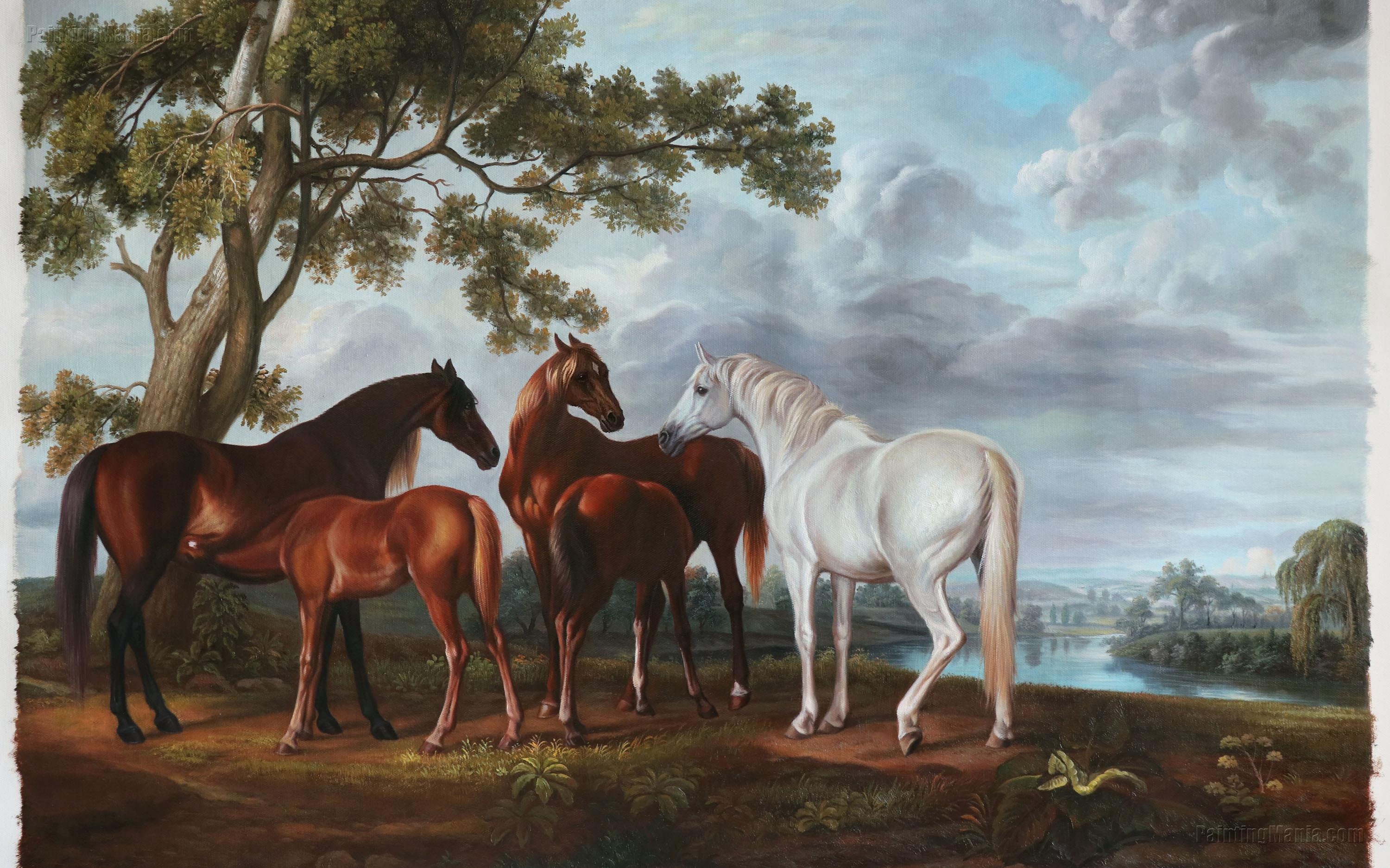 川の風景の中の牝馬と子馬 - ジョージ・スタッブスの手描き油絵