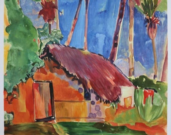 Choza con techo de paja bajo palmeras - Paul Gauguin pintado a mano la reproducción de pintura al óleo, beach old house bajo grandes árboles, decoración del paisaje tropical