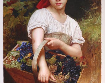 Harvester - William Bouguereau hand-painted oil painting reproduction, Pretty Girl with Basket of Grapes, dinning room classic wall art deco