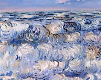 砕ける波 - クロード・モネの手描き油絵のレプリカ、鮮やかな海