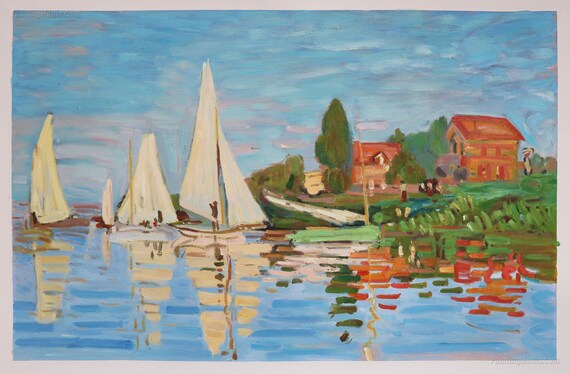アルジャントゥイユのレガッタ - クロード・モネの手描き油絵の複製、セーヌ川でのボートレース、川辺の帆船、水面の反射 - Etsy 日本 クロードモネのポスター「アルジャントゥイユのレガッタ」キャンバスウォールアート有名な絵画ヴィンテージモネは、リビングルームの装飾写真