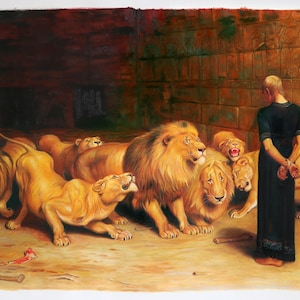 May include: A painting depicting a woman standing in a stone room with multiple lions surrounding her. The woman is wearing a long black dress and has her hands tied behind her back. The lions are all looking at the woman, some with their mouths open as if they are about to roar.