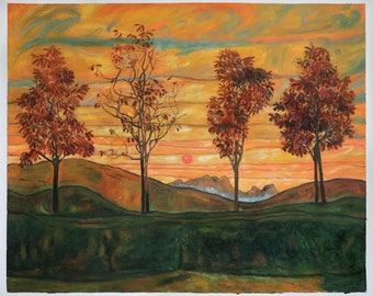 Four Trees - Egon Schiele hand-painted oil painting reproduction, stunning landscape with mountains and bright sun, vibrant scene wall decor