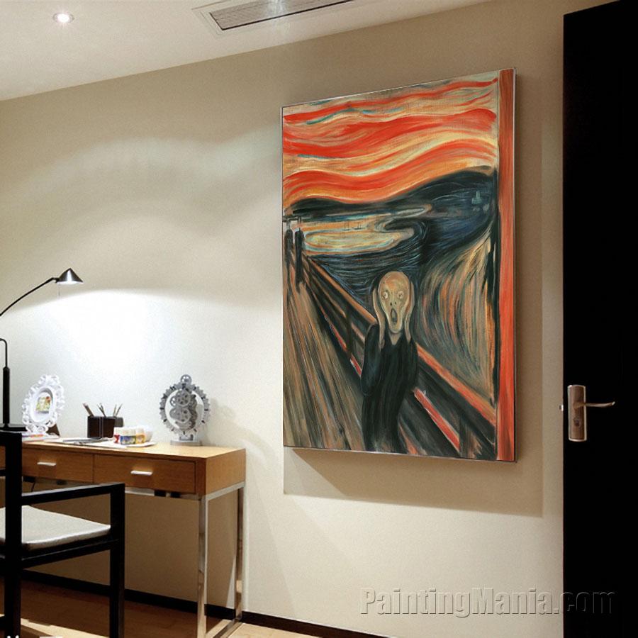 叫び - エドヴァルド・ムンクの手描き油絵複製、夕焼けの血の