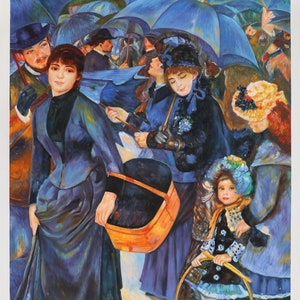 Pode incluir: Uma pintura de pessoas caminhando na chuva, segurando guarda-chuvas azuis. As pessoas estão vestidas com roupas do século XIX. Uma mulher com um vestido azul carrega uma cesta. Uma menina com um vestido azul segura um aro.