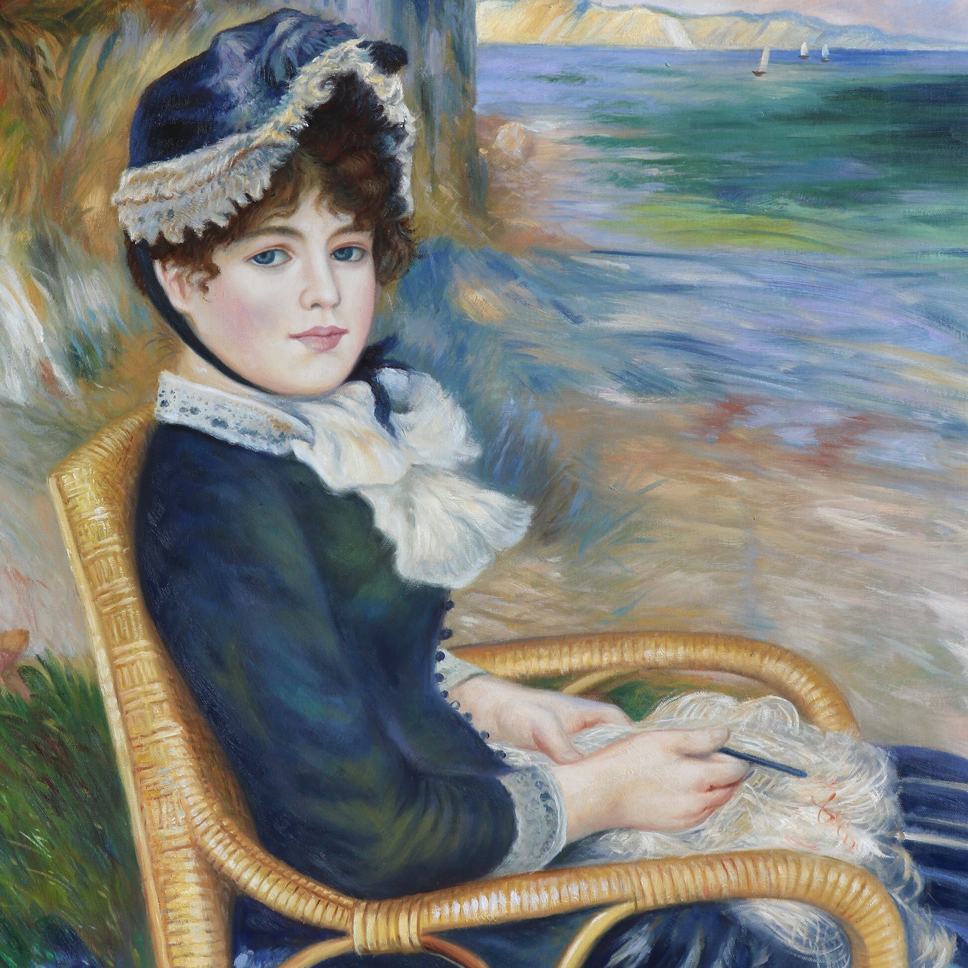 海辺で - ピエール＝オーギュスト・ルノワールの手描き油絵複製