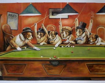 Dogs Playing Pool - Cassius Marcellus Coolidge hand-painted oil painting reproduction,entertainment room wall decor,billiards games artwork