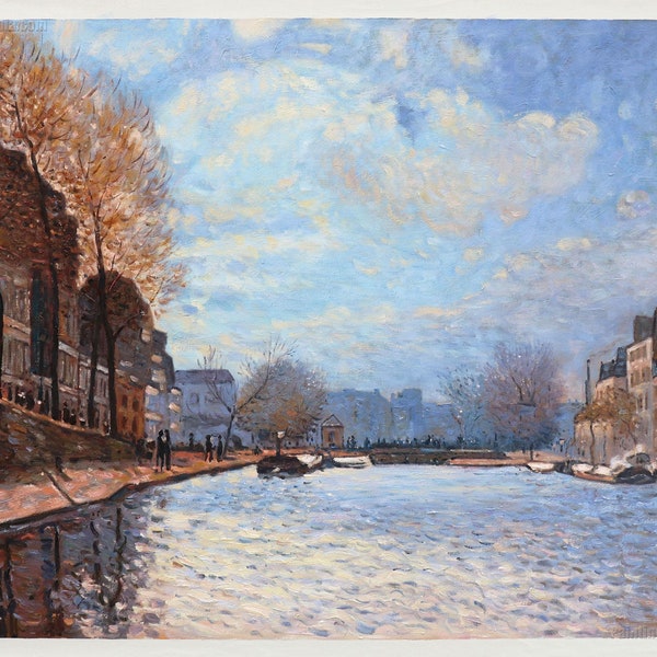 View of the Canal St. Martin - Alfred Sisley hand-painted oil painting reproduction,Beautiful Paris Louvecienne Landscape,living room decor