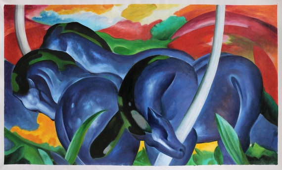 大きな青い馬 - フランツ・マルクの手描き油絵複製、3頭の抽象的な