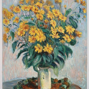 May include: A still life painting depicting a bouquet of yellow sunflowers in a white vase, positioned on a wooden table. The sunflowers are arranged casually, and the vase is simple and elegant. The background is a soft blue and white.
