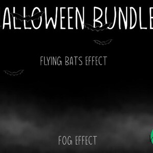 Könnte beinhalten: Schwarzes Grafikdesign mit den Worten "HALLOWEEN BUNDLE", "FLYING BATS EFFECT" und "FOG EFFECT" in Weiß. Silhouetten von Fledermäusen sind oben verstreut. Ein Grafikdesign-Logo befindet sich in der unteren rechten Ecke.