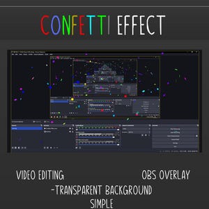 May include: A dark gray graphic design with the text "CONFETTI EFFECT" in colorful letters. The image shows a video editing interface with a confetti overlay. Additional text includes "VIDEO EDITING", "OBS OVERLAY", "-TRANSPARENT BACKGROUND", and "SIMPLE".