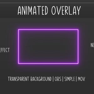 May include: Animated overlay graphic with a neon purple rectangular border and the text "Animated Overlay". Additional text includes "With Flickering Effect", "Neon Purple", and "Transparent Background | OBS | Simple | MOV".