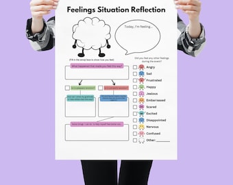 May include: A printable worksheet titled "Feelings Situation Reflection" with a cartoon brain and a list of emotions to check off. The worksheet is designed to help people reflect on their feelings and identify strategies for coping with difficult emotions.
