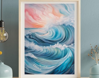 Inhale Exhale Yoga Art Print, Ocean Wave Yoga Poster, Meditation Wall Decor, Breathwork Watercolor Print, Zen Spiritual Digital Wall Art