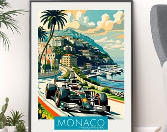 Plakat ścienny Grand Prix Monako F1 | Plakat vintage z wyścigami Formuły 1 | Wydruk na torze Circuit de Monaco | Dekoracja sportów motorowych | Prezent z Formuły 1 | Sztuka samochodów wyścigowych
