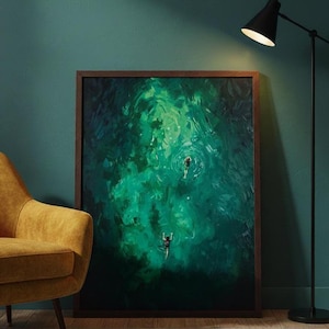 Schwimmer in der Luft, smaragdgrüne Wandkunst, abstraktes Bild, abstraktes Druckbild, modernes impressionistisches Drucke auf dem See, digitales Poster mit Seeblick
