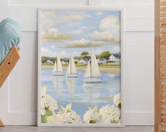 Grandmillenial Stampa di barca a vela costiera e ortensia / Scarica l'arte murale digitale Preppy Nautical Cottagecore Arte della barca a vela costiera della nipote