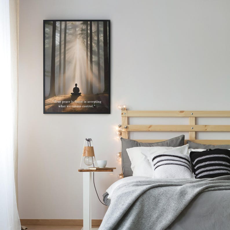 Perfect for spiritual seekers and peace lovers, this zen quote print encourages inner calm and self-reflection. Display it in your meditation space, office, or bedroom as a gentle reminder to release control and embrace peace.