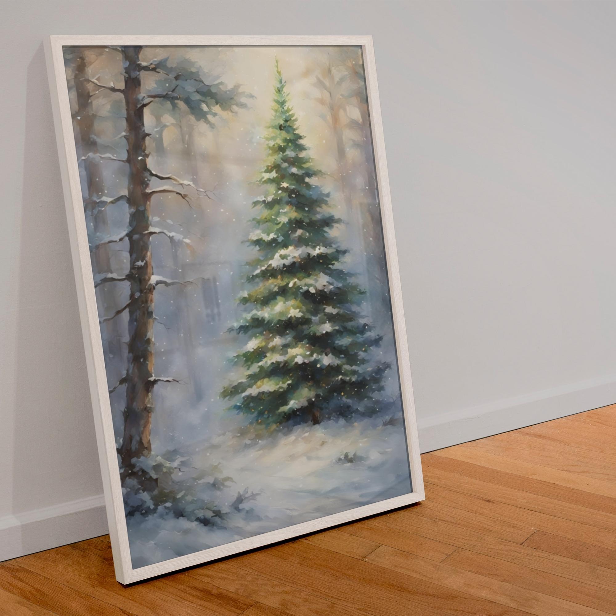 Albero di Natale stampabile da parete / Decorazione murale rustica invernale / Dipinto di un pino innevato / Decorazione natalizia antica Stampa natalizia vintage - Italia