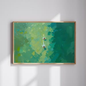 Green Abstract Art Printable – Two Girls Swimming Painting – Minimalist Green Texture Wall Art – Horizontal Summer Decor – Digital Download