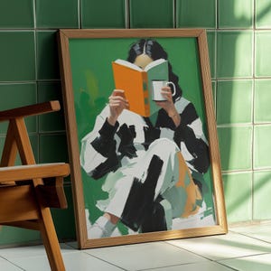 Emerald Green Abstract Woman Reading Wall Art - Book & Coffee Minimalist Print - Modern Japandi Printable for Cozy Home or Dorm Decor