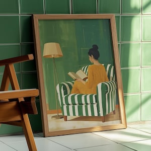 Emerald Green Abstract Woman Print, Stripe Minimalist Wall Art, Digital Download for Modern Living Room Decor Book Lover Elegant Poster