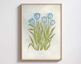 Blue & Green Tulip Botanical Wall Art | Southern Preppy Chinoiserie Style | Feminine Grandmillennial Floral Digital Download Print