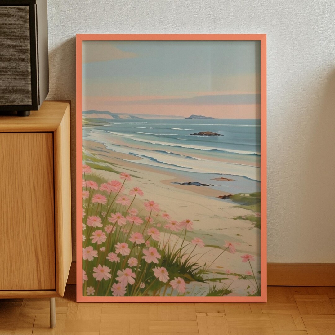 Pink Wildflowers Field Coastal Landscape Beach House Style Art | Spring ...