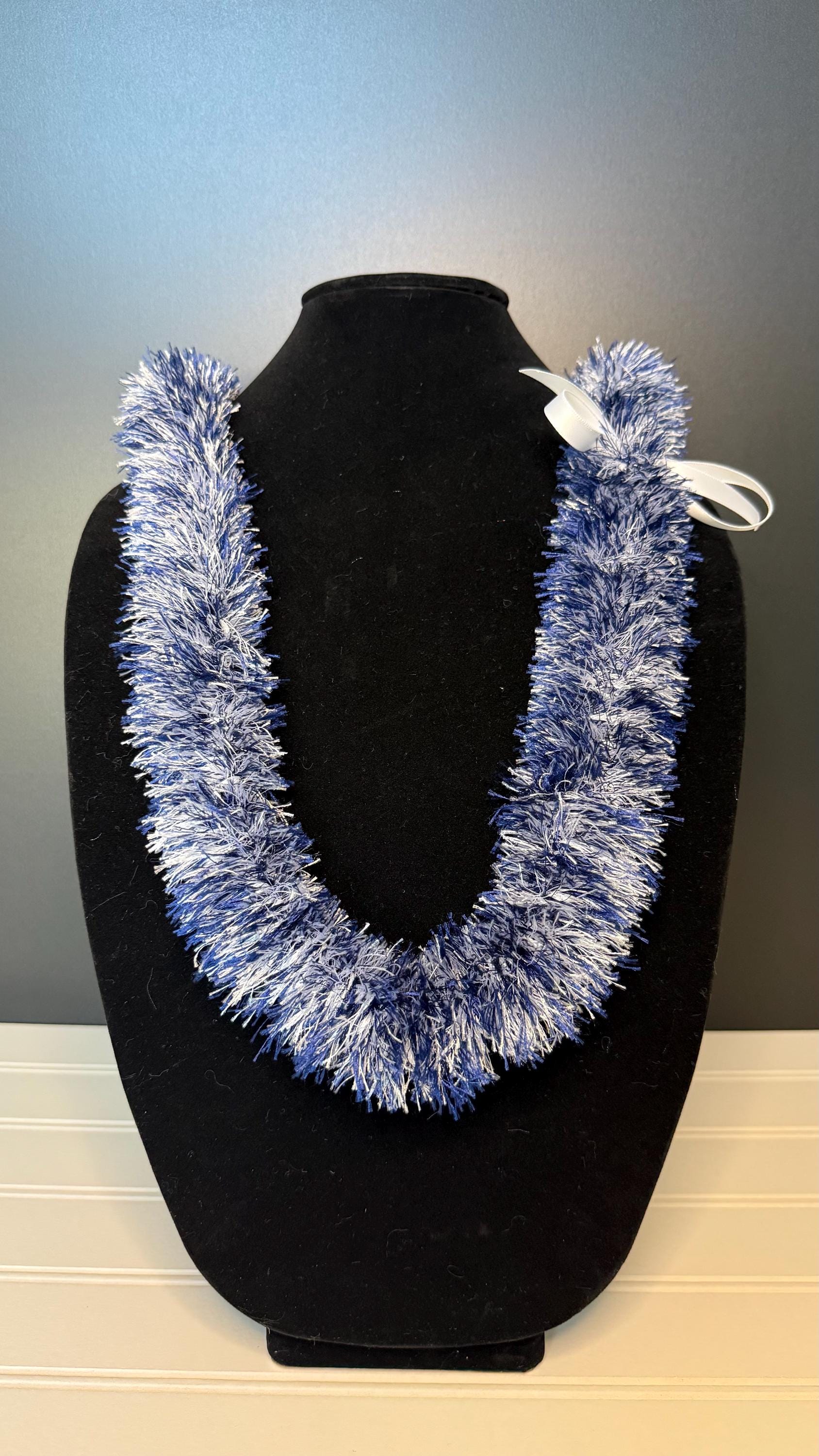 Blue and White Eyelash Yarn Lei Florals by LeeAnn Yee | Not just flower leis here now! Been  main image 4