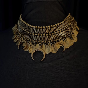 Chandra Mala- Golden Crescent Moon Statement Choker, Gothic Tribal Collar Necklace with Stainless Steel Elements