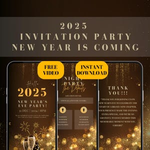 Invitación a la fiesta de suministros de fin de año 2025 / celebración de Nochevieja, juego de fiesta de fin de año digital, tablero de visión nocturna, invitación a la fiesta