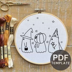 Trick or Treating Ghosts Halloween hand embroidery pattern, downloadable PDF template