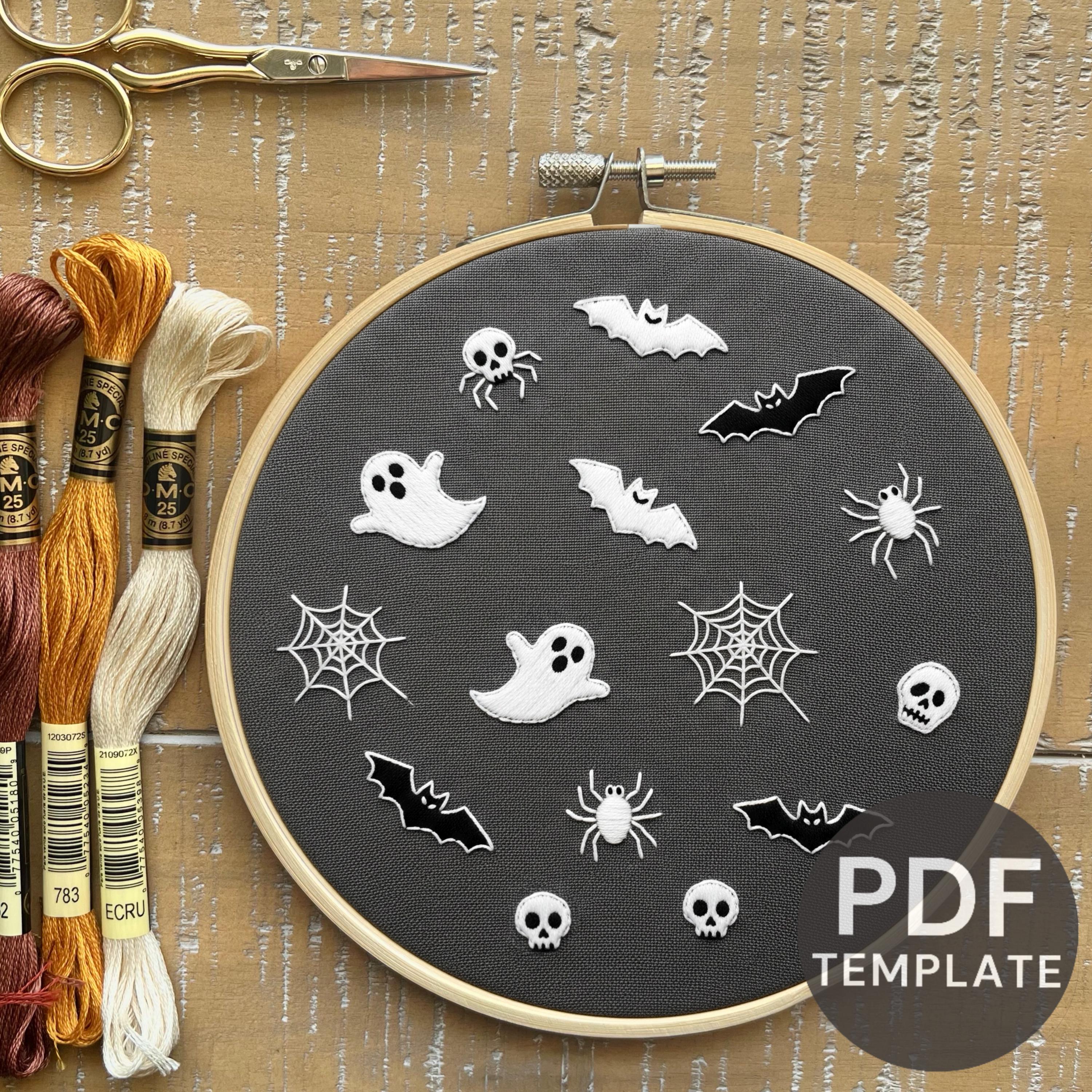 Modèle de broderie à la main chauves-souris et squelettes de fantômes d'Halloween, modèle PDF téléchargeable