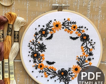 Motif de broderie à la main couronne de chauve-souris en toile d&#39;araignée d&#39;Halloween, modèle PDF téléchargeable