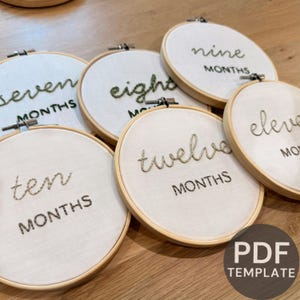 以下が含まれることがあります： 「seven」、「eight」、「nine」、「ten」、「eleven」、「twelve」と「MONTHS」の文字が様々な色で刺繍された刺繍枠のコレクション。枠は木製のフレームにセットされ、テキストは手書き風です。右下にはPDFテンプレートのアイコンがあります。
